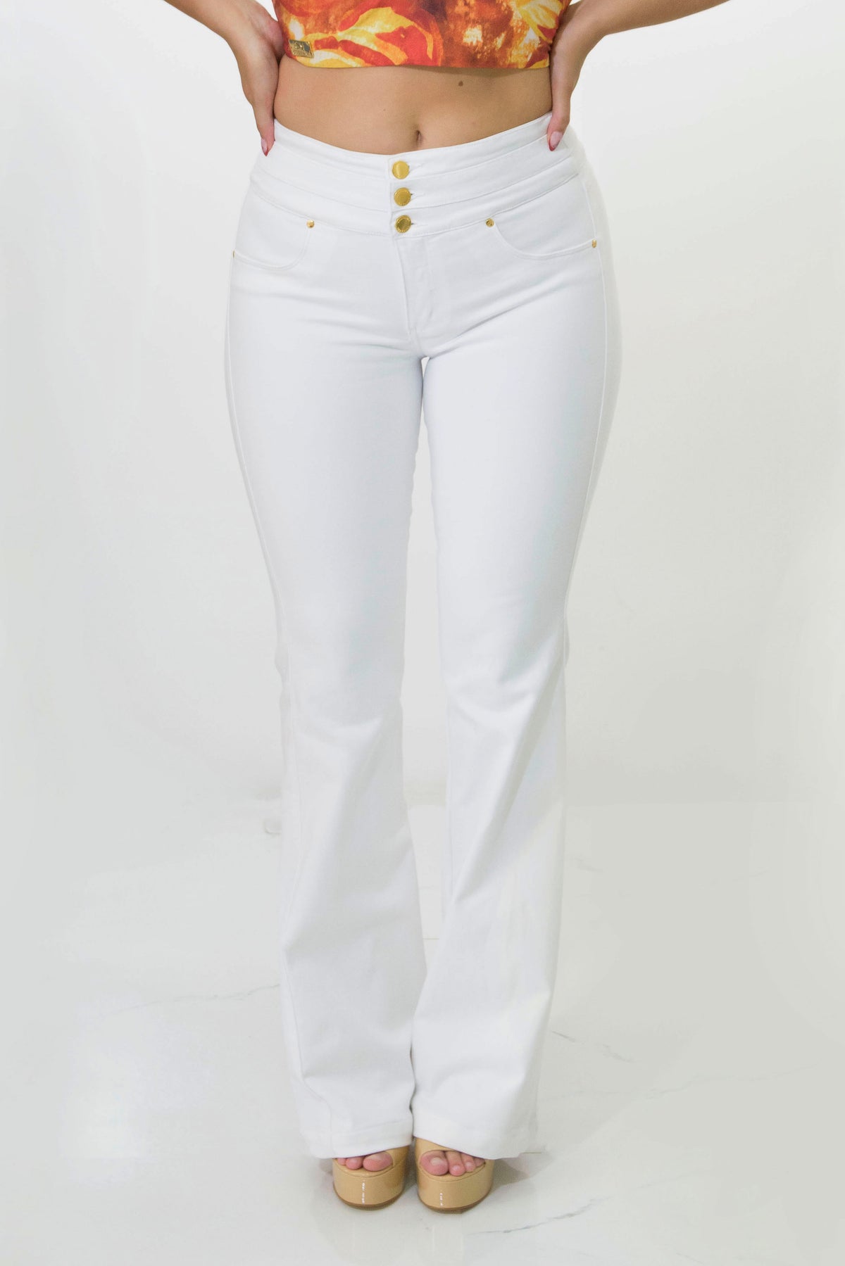 Pantalon Blanco Pretina Ancha Semi Campana